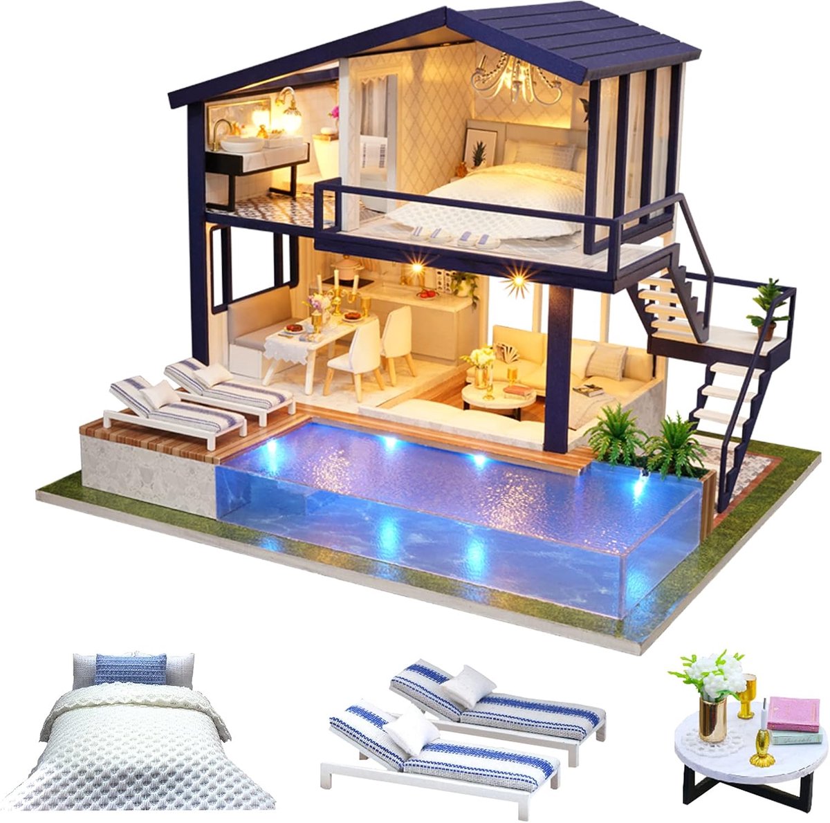 Houten Poppenhuis Kit - Miniatuur Model - Creatieve Hobby - Met Zwembad - 29 x 24 x 21.5 cm