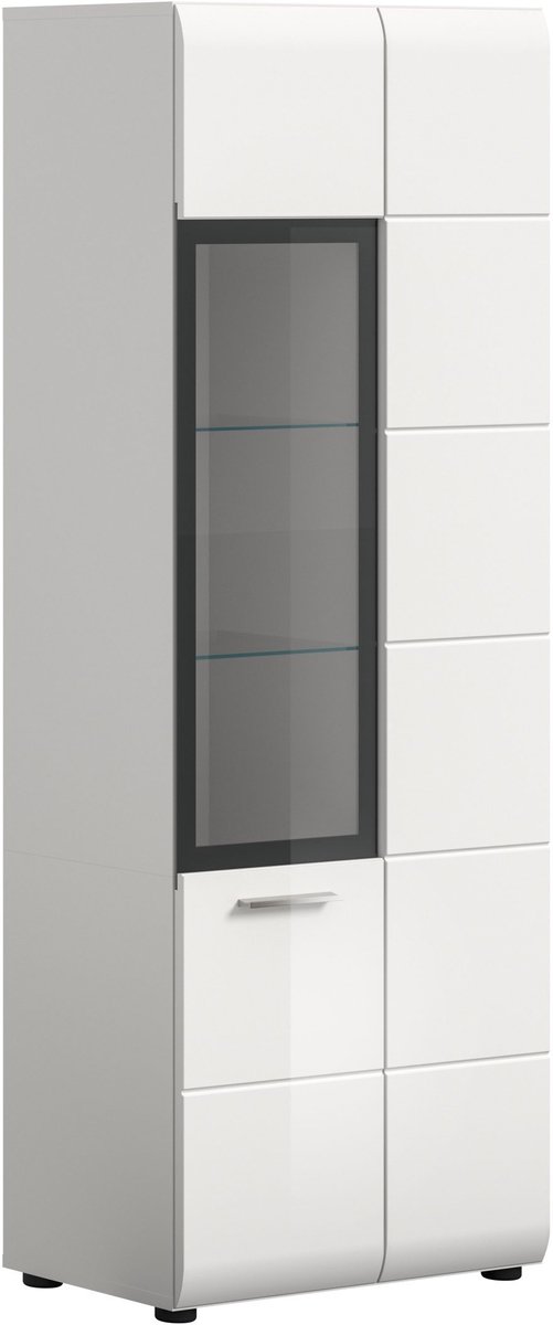 Furnilux Moderne Vitrinekast met Glazen Deur en 10 Vakken - Op Wielen - 60x160x34cm Bruin