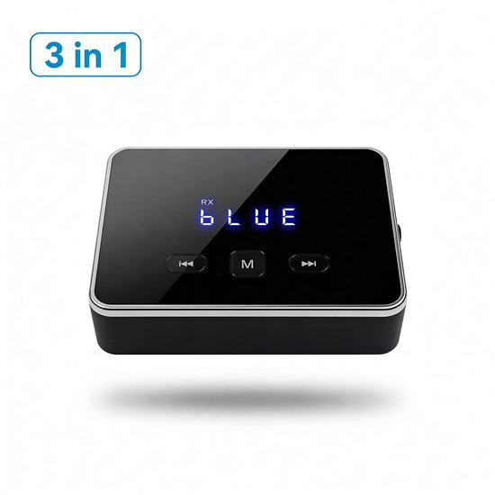 Zwart '3 in 1' Bluetooth-apparaat met een helder blauw scherm dat 'BLUE' weergeeft.