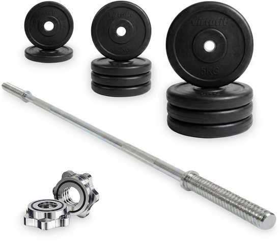 Halterset met zilverkleurige stang, zwarte gewichtsschijven van 5 kg, 2,5 kg en 1,25 kg, en sluitringen.