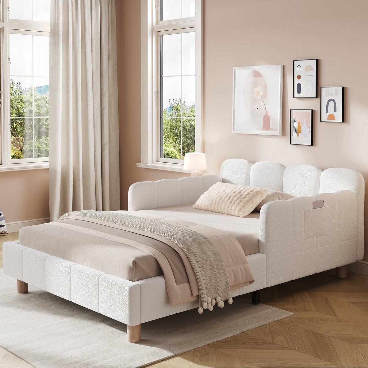Sweiko Kinderbed - 90 x 200 cm - Gestoffeerd hoofdeinde - Valbeveiliging - Massief houten poten - Crêpe-wolstof - Beige