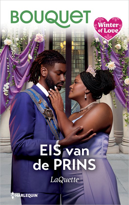 Een prins in een koninklijk blauw pak met decoraties en een vrouw met een tiara en parelketting, onder het motto 'Eis van de Prins - Winter of Love'.