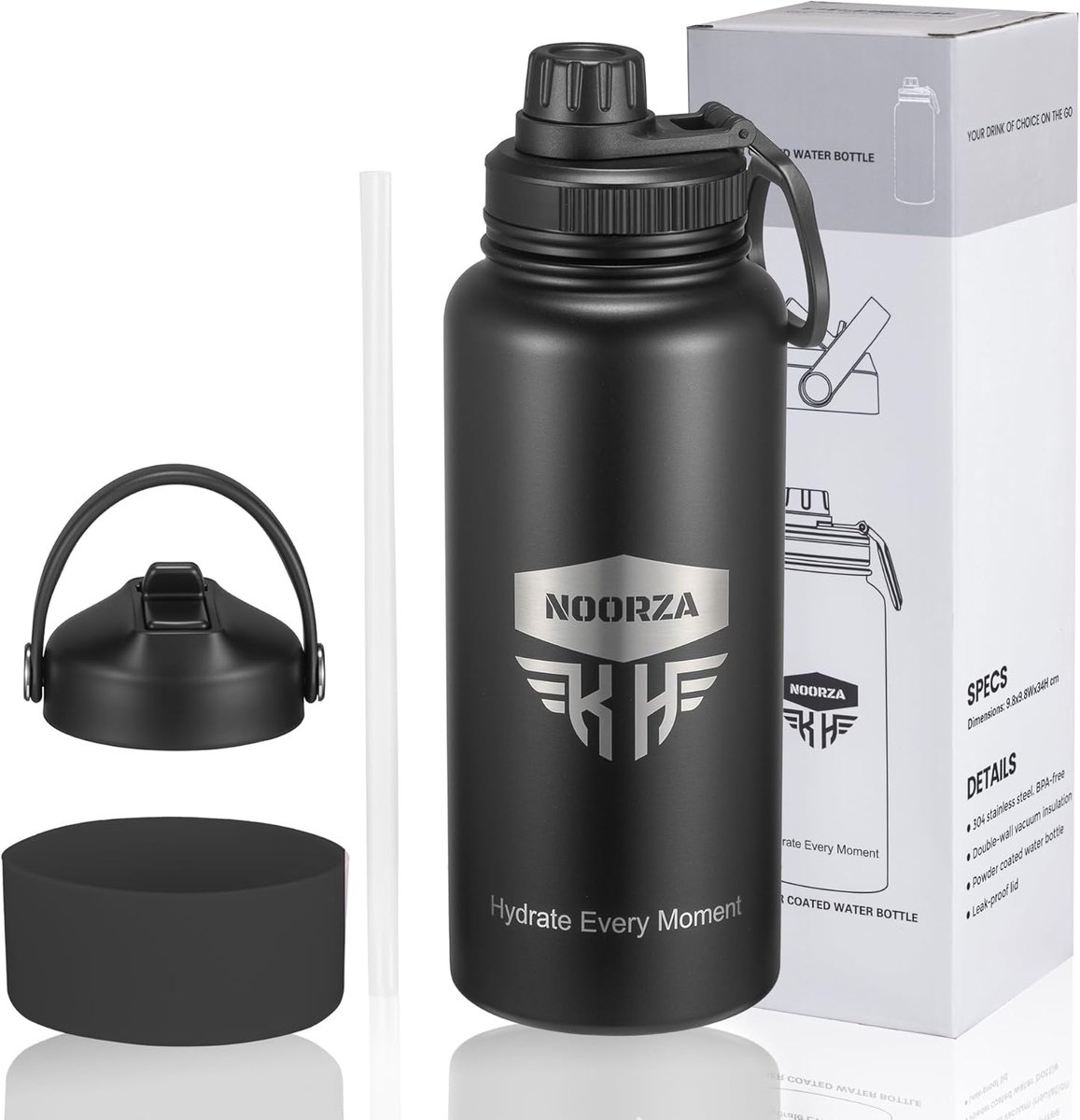 Geïsoleerde waterfles - Thermosfles drank - Sportief kantoor - Dubbelwandig roestvrij - 950 ml 24 cm - Matzwart