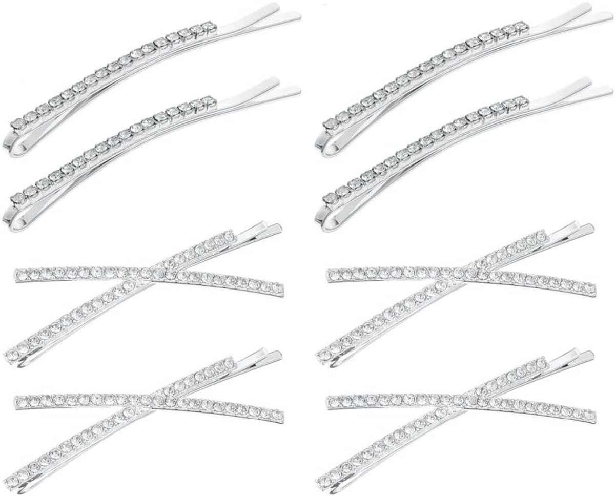 Strass Haarclips - Kristallen Spelden - Bruiloft Styling - 8 Delige Set - 6 en 5.5cm - Zilver