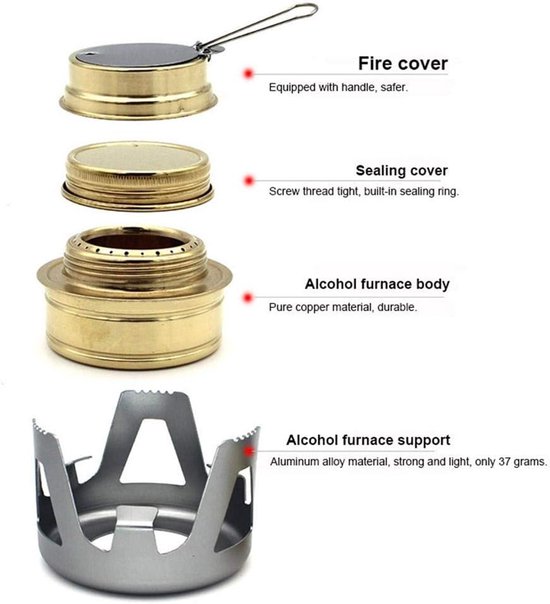 Alcoholbrander - Camping kookgereiset - Met Handvat - Alcohol Kooktoestellen - 9.7*9.7*6.5cm - Grijs - Aluminiumlegering en messing - Winddicht - Draagbare outdoor Mini Alcoholbrander - Voor Buiten Kamperen, Wandelen, Backpacken, Picknick — afbeelding 2