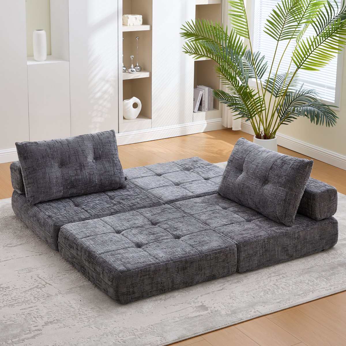 REDOM Opklapbare Slaapbank - Met Rugleuning En Kussens - Voor Woonkamer Of Logeerkamer - Chenille - Grijs - 79 X 79 X 57 Cm