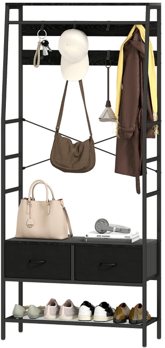 Wishdor - Kapstok Met Schoenenrek En 2 Stoffen Laden - Industriële Stijl - Voor Hal - Spaanplaat En Metaal - Zwart - 80 x 30 x 180,5 cm