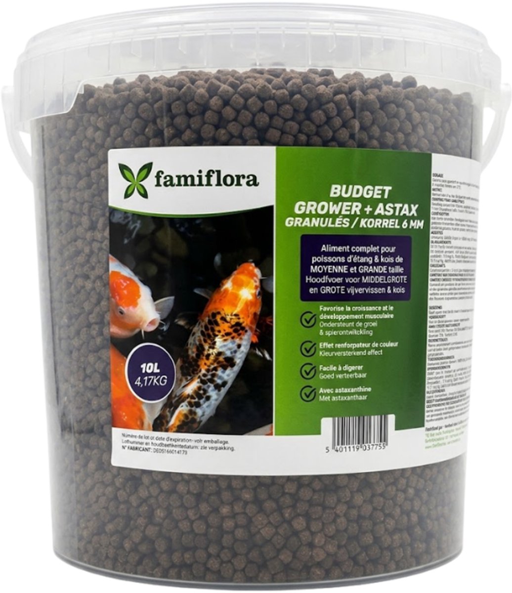 Famiflora Grower Astax 6 mm - Vijvervissen & Koi - 10 Liter (ca. 4,17KG) - Korrelgrootte van 6 mm - Bevat astaxanthine - Ondersteunt groei en spieren