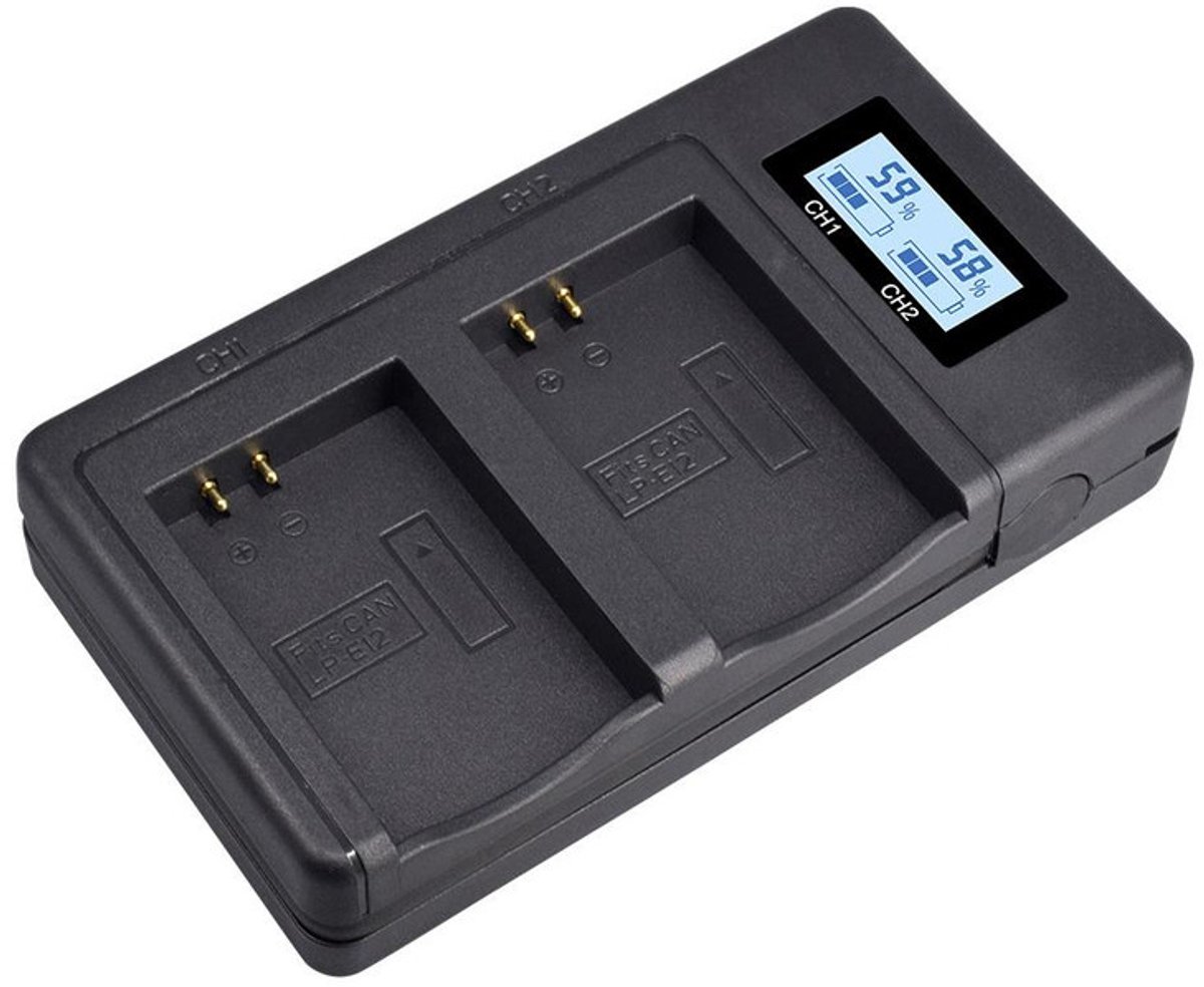 Dubbele LCD Batterijlader geschikt voor Canon LP-E12 - USB-C en Micro USB - oplader - zwart