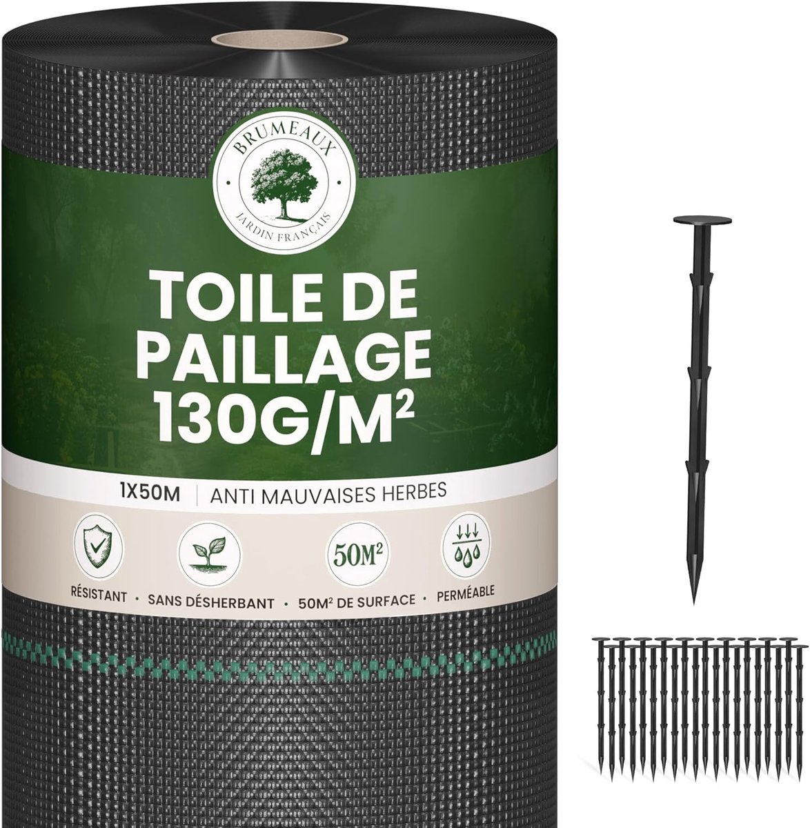 Onkruiddoek 50m² - Grondzeil Tuin - Onkruid Vrij Houden - Waterdoorlatend UV-Gestabiliseerd - 130g/m² 100cm Pennen
