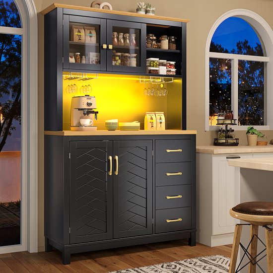 MODENUIT Buffetkast - 4 Deuren Met LED En Opbergruimte - Voor Keuken En Woonkamer - MDF - Zwart - 105,5x40x180 cm