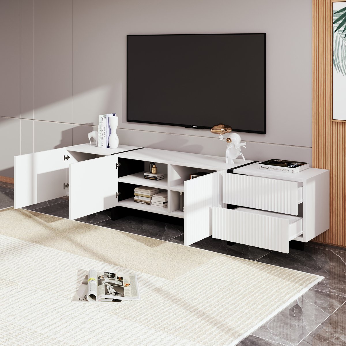 MODENUIT Tv-meubel - 3 Deuren En 2 Laden - Voor Woonkamer En Mediaruimte - MDF En Spaanplaat - 190x35x45 cm Zwart