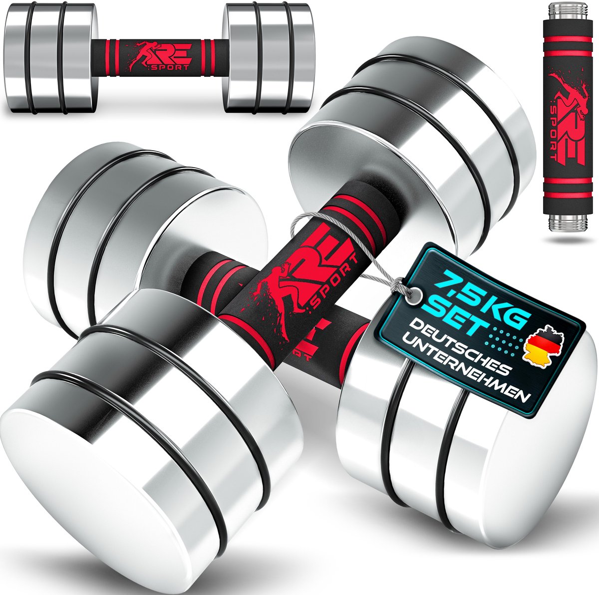 RE:SPORT Set van 2 halters van massief staal, 2,5/5/7,5/10 kg, korte halter met gewichten en schuimrubberen handgreep, fitness, korte halters, thuisgym, krachttraining en spieropbouw (rood, 2 x 7,5 kg