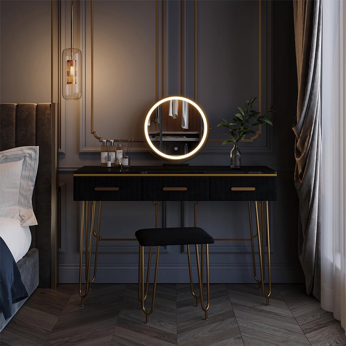 Make-up Tafel met LED Spiegel en Kruk Zwart