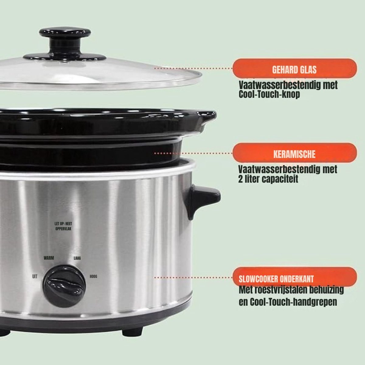 REN® Slowcooker met timer - Slowcooker - Crockpot - Zilver - 25cm x 25cm x 20cm – foto 3