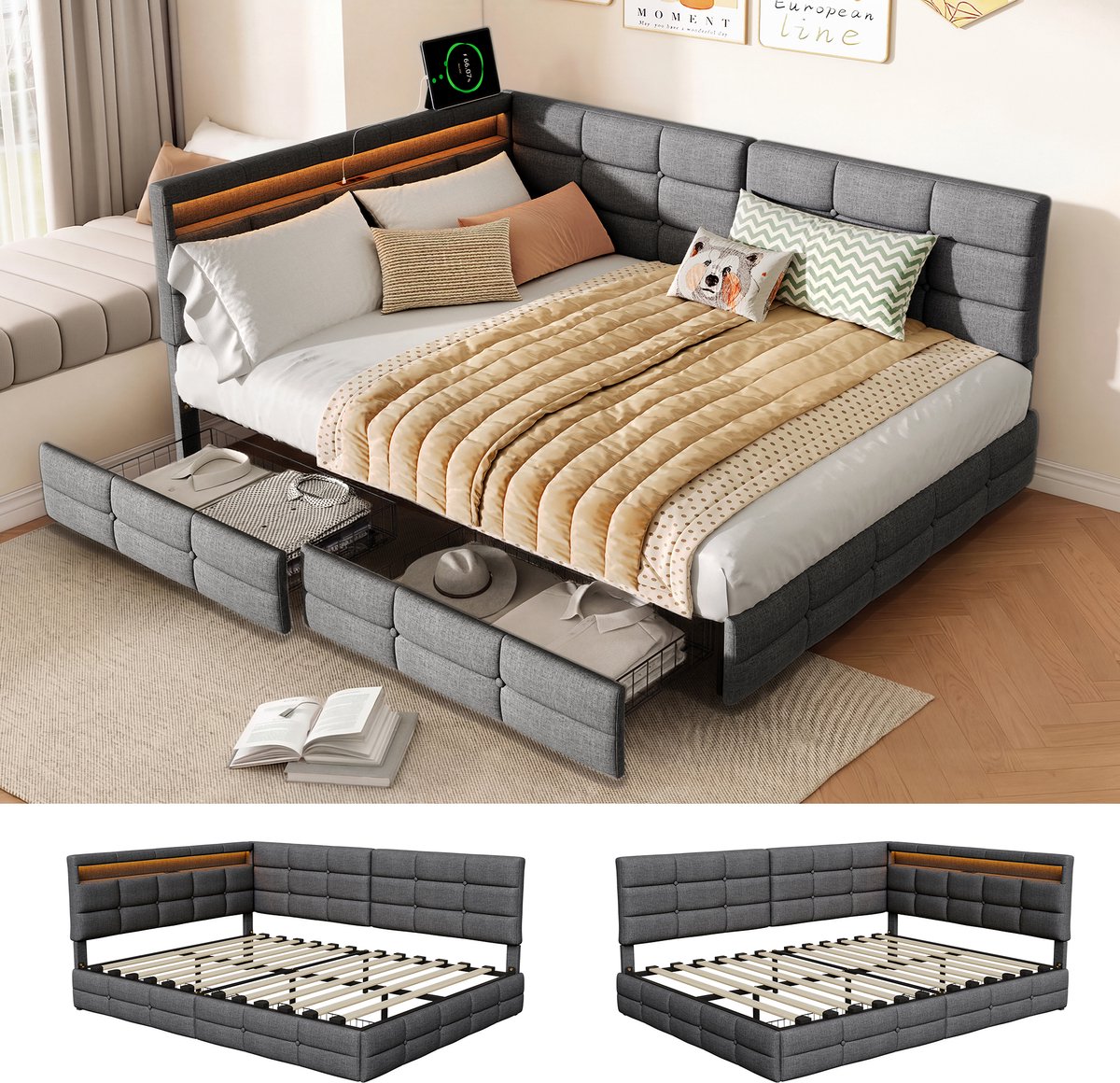 ROSAHQNDA L-vormige slaapbank 140x190cm met 2 lades, dagbed, eenpersoonsbed, verstelbaar hoofdeinde, kinderbedframe, grijze linnen stof Grijs
