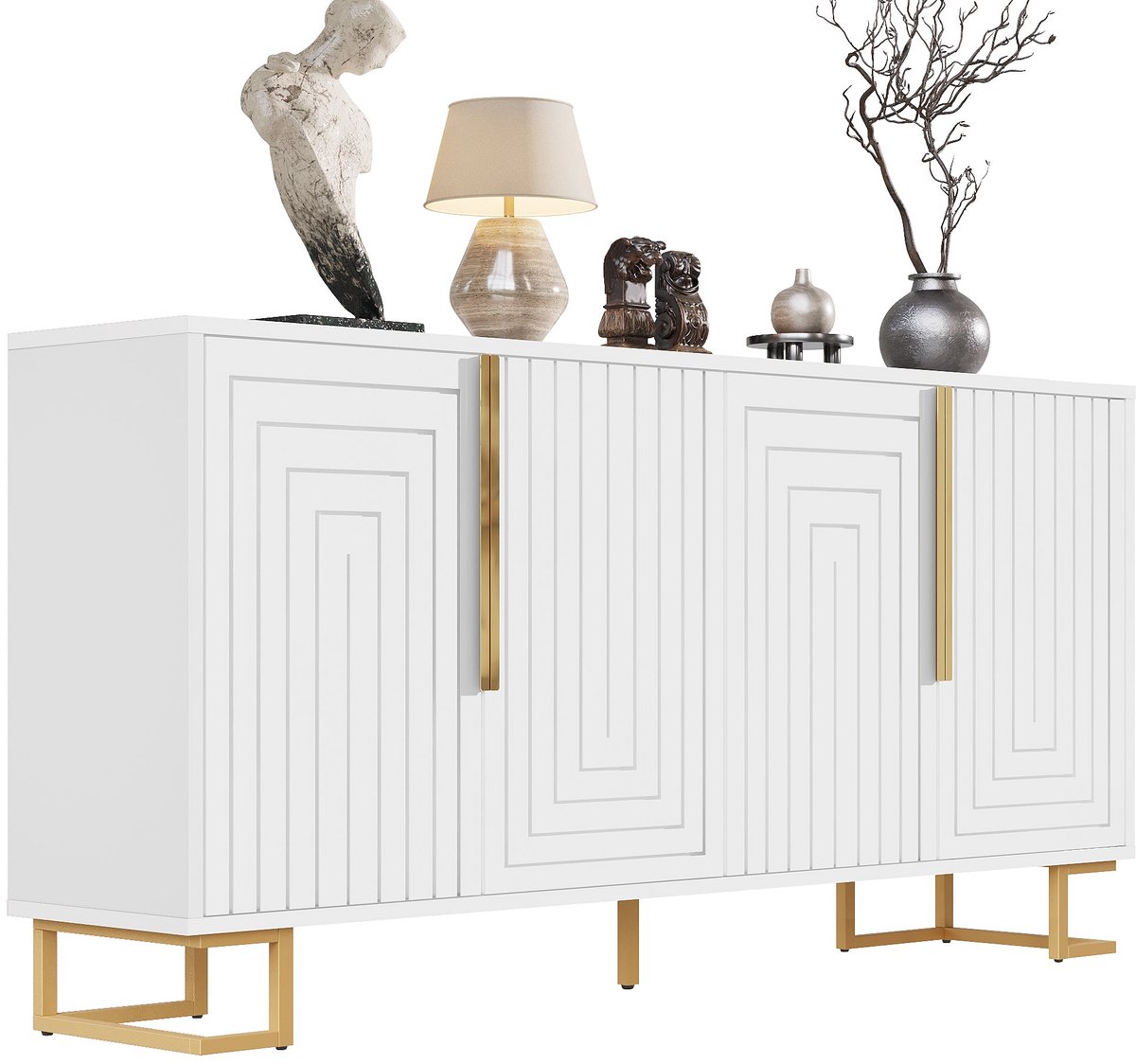Merax Dressoir Kast 152x40x75 cm – Witte Opbergkast met Deuren en Planken – Moderne Kast met Gouden Details voor Woonkamer en Eetkamer
