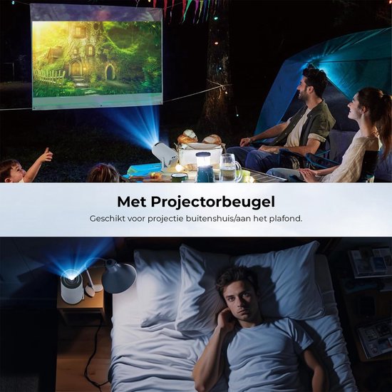 Witte beamer projecteert een sprookjeskasteel in een bos, buiten bij een tent. Binnen projecteert een beamer een film op een slaapkamermuur.