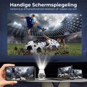 Projector toont voetbalwedstrijd op scherm; telefoon en laptop spiegelen het beeld via wifi.