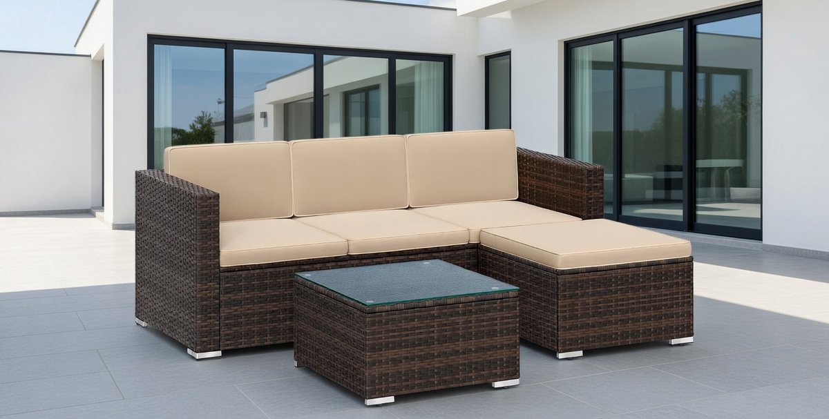 Loungeset tuin 4-delig met hoekbank, hocker en glazen tafel 3-zits – 200 x 140 x 65 cm – Bruin + Taupe rotan balkonset modern weerbestendig – NoviHome