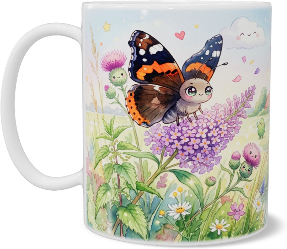 Lieve Kawaii Series Vlinder Koffiemok en Theebeker met Lachende Wolken, Koeien, Kikker en Molen in Pastel Landschap - Schattige Dieren Drinkbeker voor op Kantoor of Thuis - Leuk Cadeau voor haar: Dochter, Vrouw, Vriend(in) of Collega