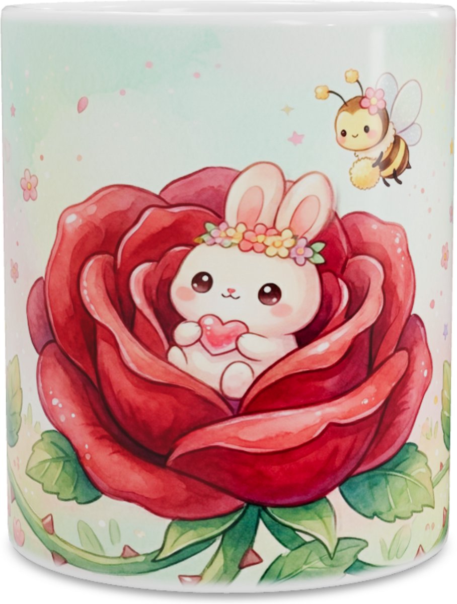Lieve Kawaii Series Konijn in Rode Roos Koffiemok met Lachende Bloemen, Rozentuin en Bijtjes - Schattige Dieren en Natuur Theebeker voor Ontspanning Thuis of op het Werk Kantoor - Cadeau voor haar: Dochter, Vrouw, Vriend(in) of Collega