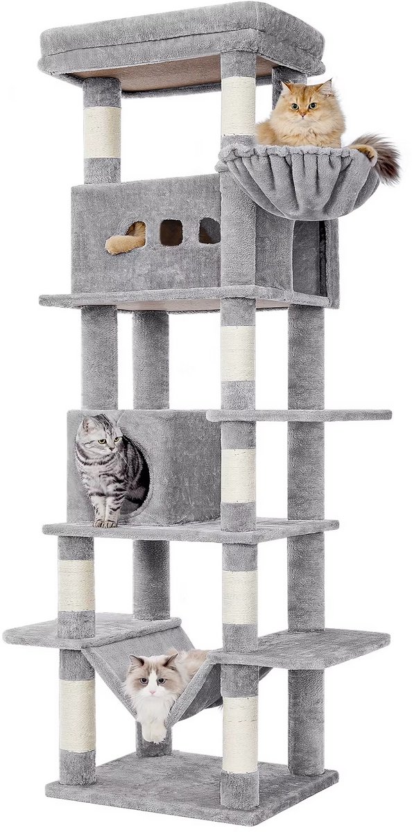 Multi level Cat Tower - Krabpaal Katten 210 cm – Grote Kattenboom met 8 Krabpalen – Multi-level Kattentoren met Slaapplaatsen en Pompons – Voor Binnenkatten