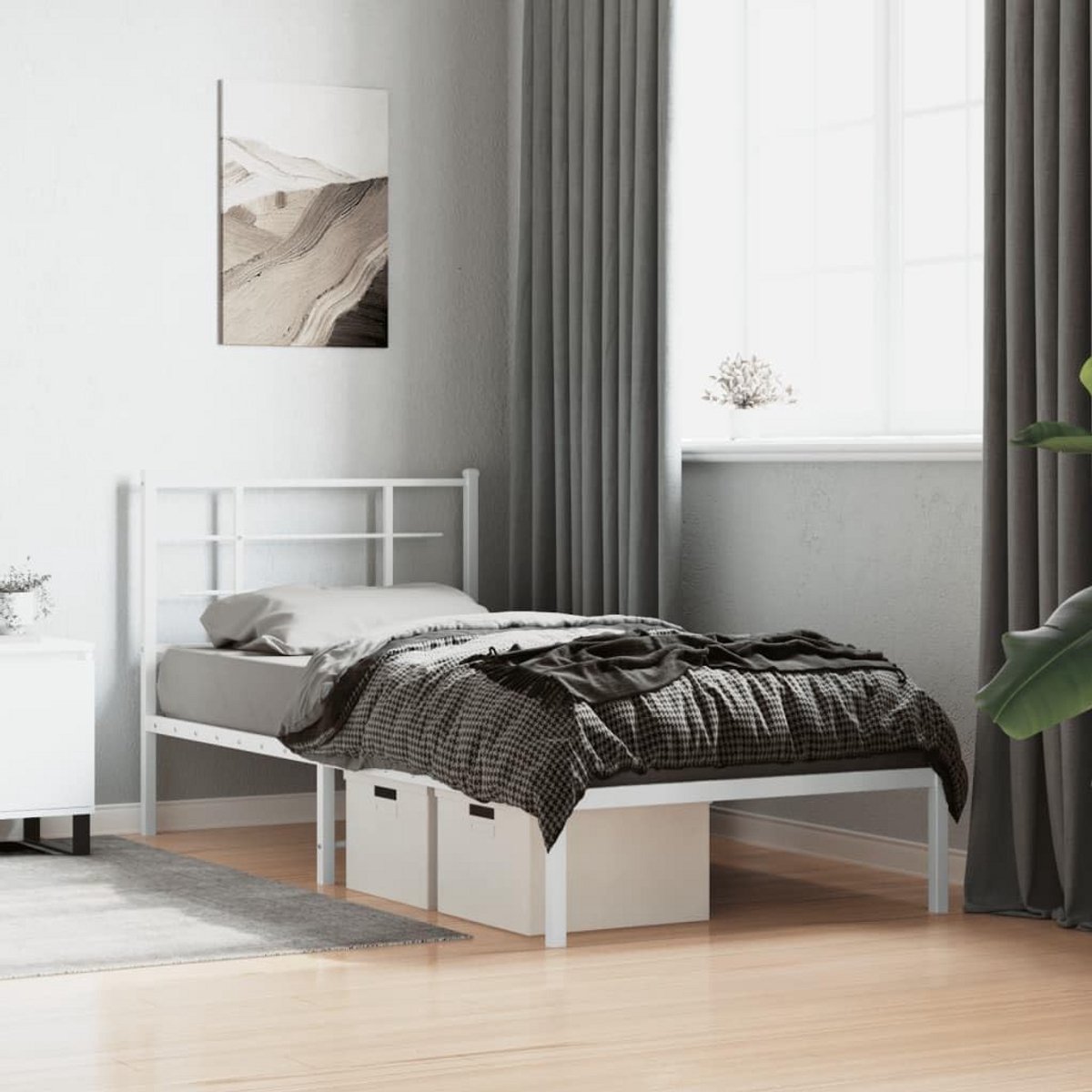 Eenpersoonsbed met Hoofdbord Wit Metaal 90x200 cm - Stevig en Modern Slaapkamerframe