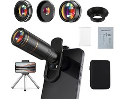Upgrade 5 in 1 Telefoon Camera Lens Kit – 22X Tele, 205° Fish Eye, 0.67X Groothoek, 25X Macro, Clip & Mini Statief – Geschikt voor iPhone & Android