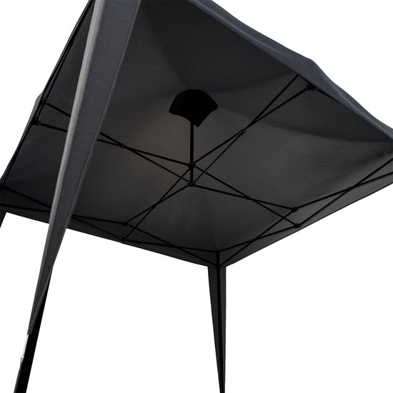 Onderkant van een antracietkleurige partytent met een zichtbaar zwart vouwframe.