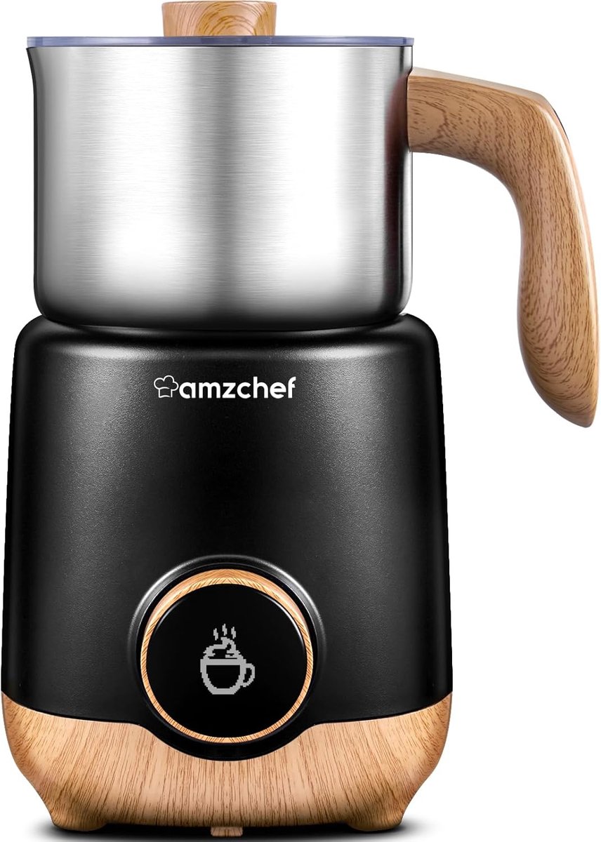 AMZCHEF Elektrische Melkopschuimer - 4-in-1 Melkverwarmer - 600ml Grote Capaciteit - Incl. Chocolademelk Functie - Zwart/Houtlook