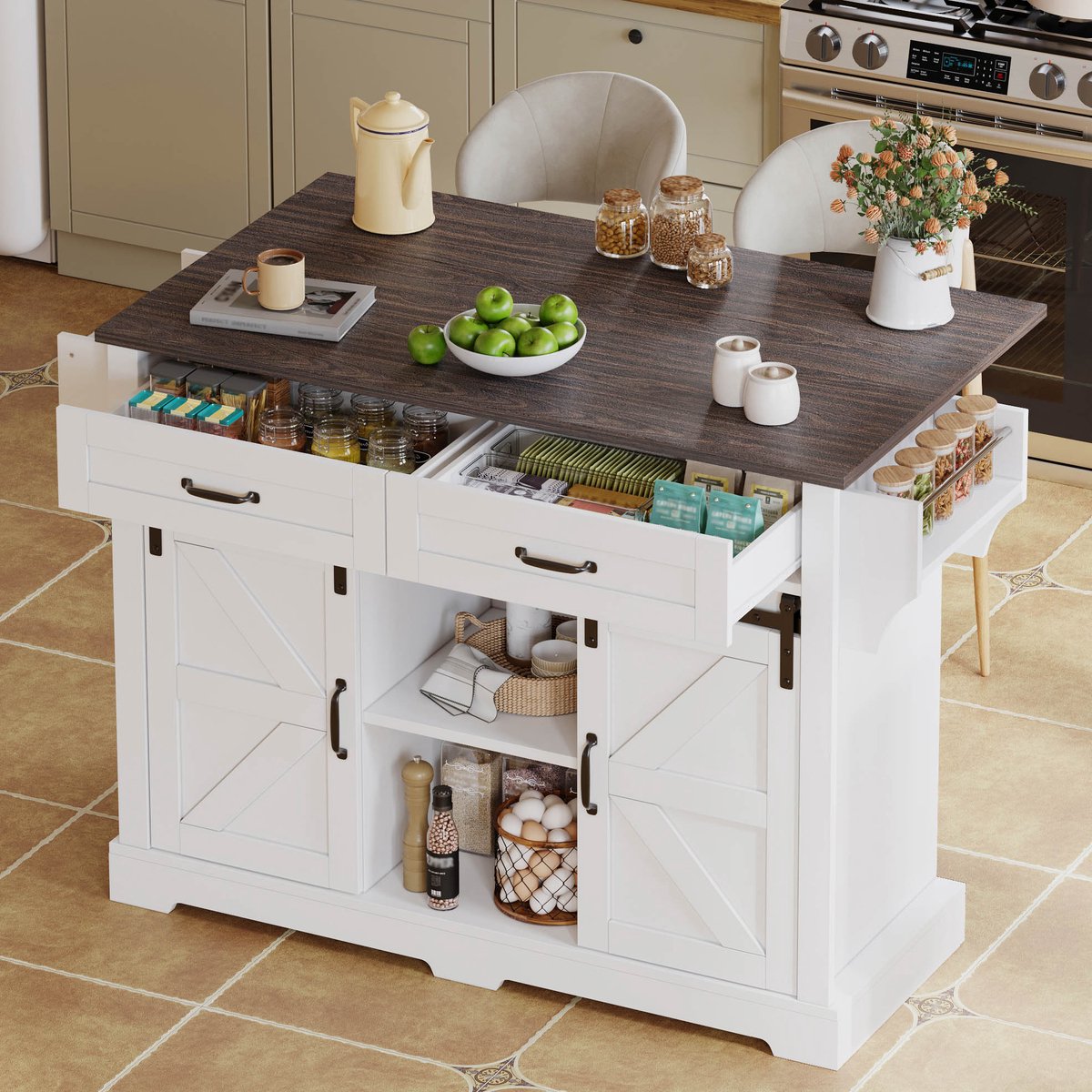 Keukeneiland - 120×45(70)×91 cm - Klapbare Werkblad + Schuifdeuren & Lades - Multifunctioneel - MDF - Wit