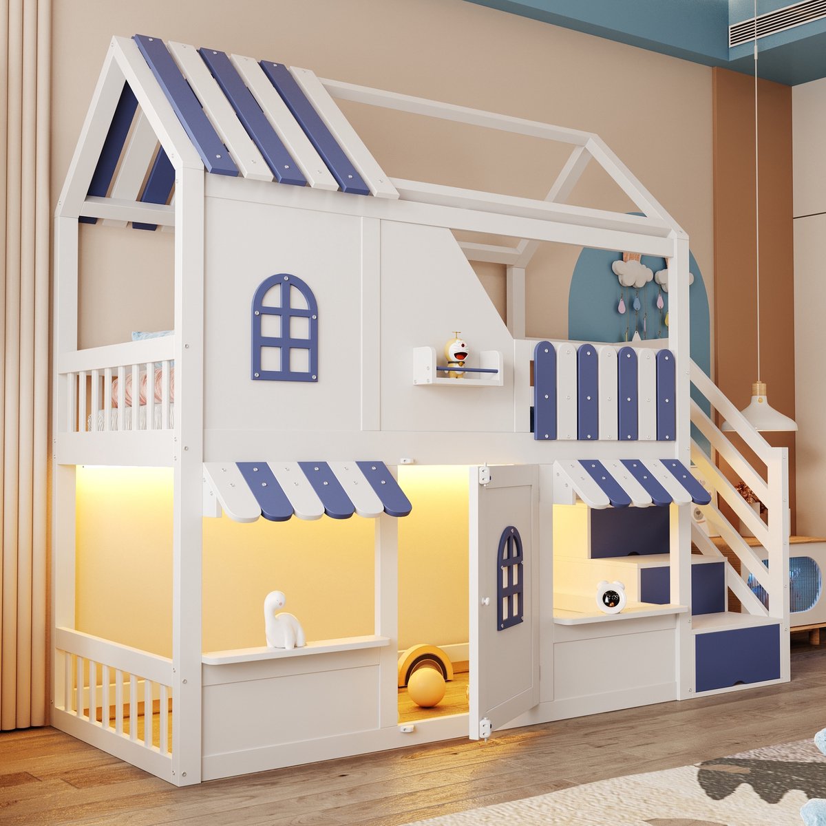 Sweiko Hoogslaper - 90 x 200 cm - Huisontwerp - Opbergruimte - LED-verlichting - Kinderbed - Wit + Blauw