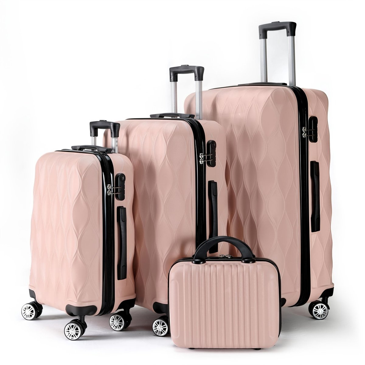 Harde Reiskoffer Set 4-delig – ABS met Bladrelief Design – Stil Draaiwielen – Trolley Set 12/20/24/28 Inch – roze