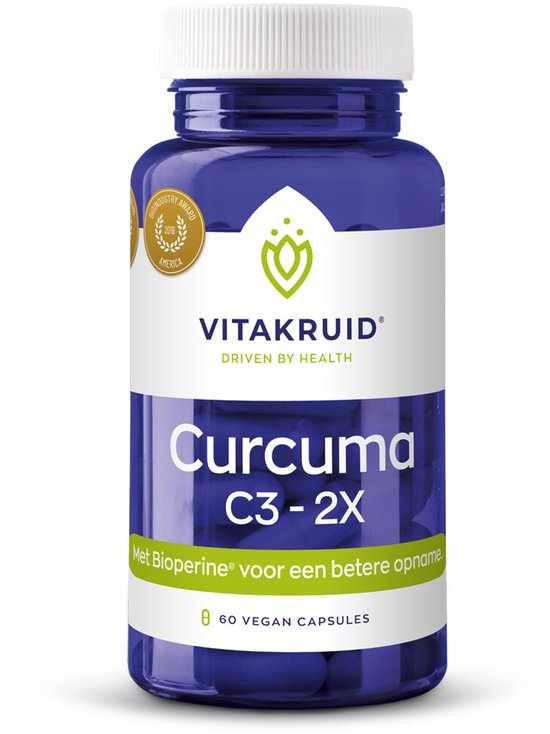 Blauwe pot Vitakruid Curcuma C3-2X met witte dop. Goudkleurige keurmerken "2x als beste getest" en "2019 award winner".