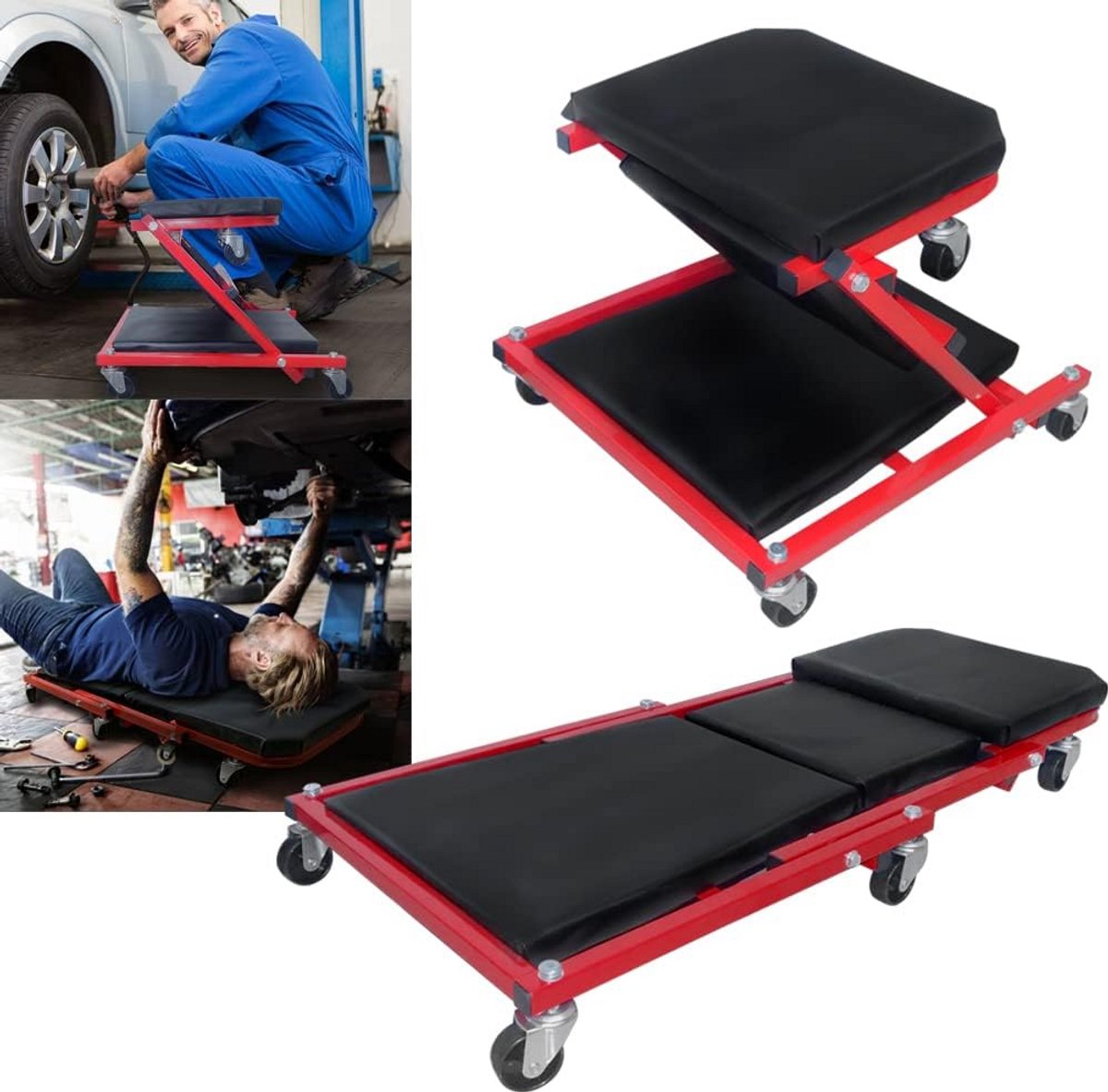 2-in-1 Werkplaatswagen Rolplank & Montagekruk – Verstelbaar met Zacht Kussen tot 150kg