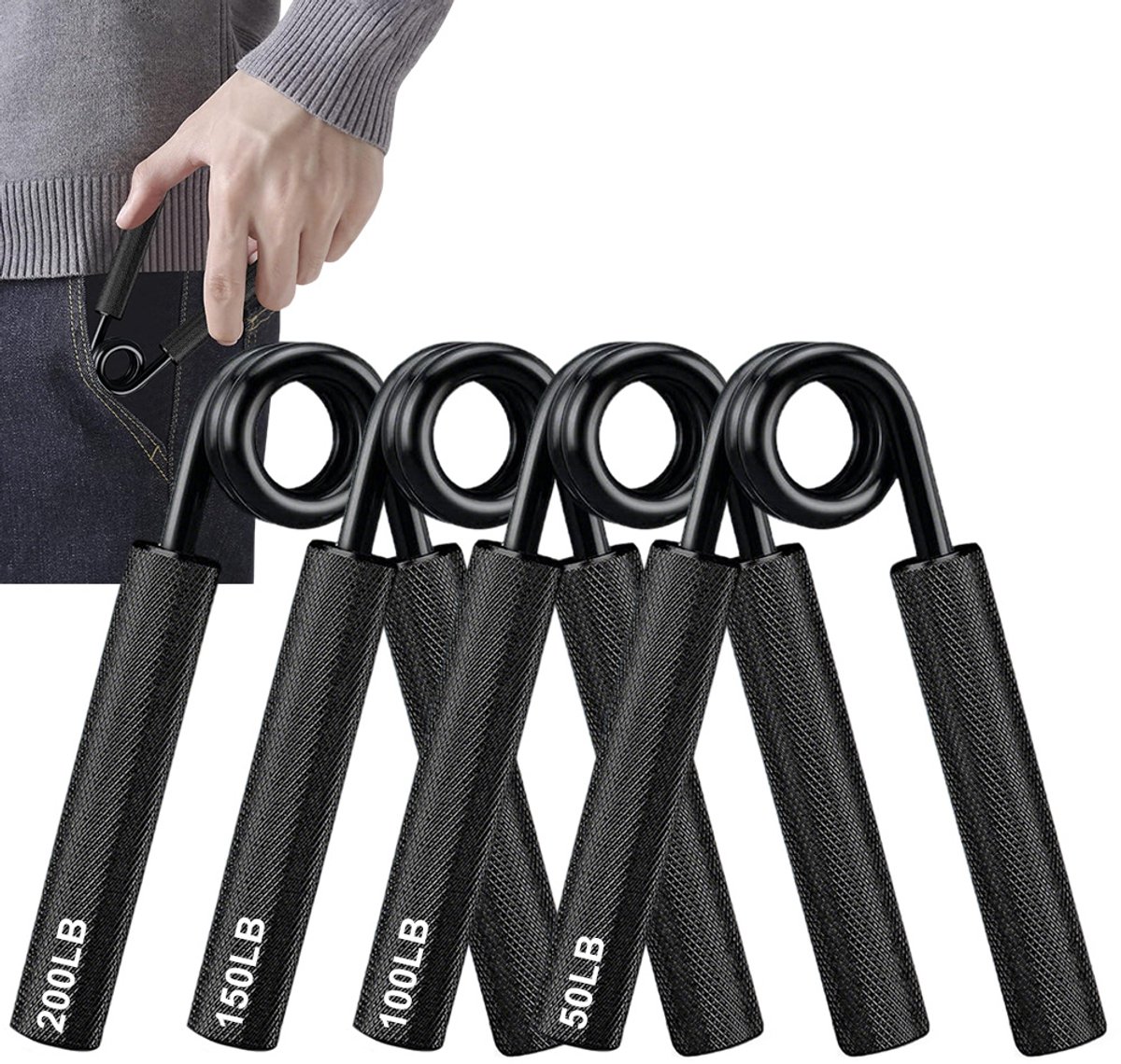 4 Stuks - Handtrainers - Onderarmtrainers - Grijpkrachttrainers - 50-200 LB - Metalen Handtrainer - Vingertrainer met Antislip Handgreep - voor Handgreepsterker - Spieropbouw - Zwart