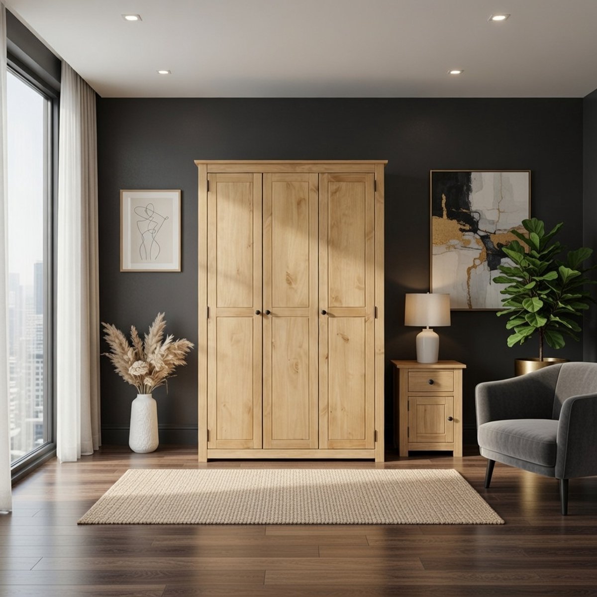 Luxe 3-Deurs Massief Houten Kledingkast met Legplanken en Kledingstang 175x118 cm – Grenenhout Gebeitst & Gewaxt – Ruime Slaapkamerkast – NoviHome