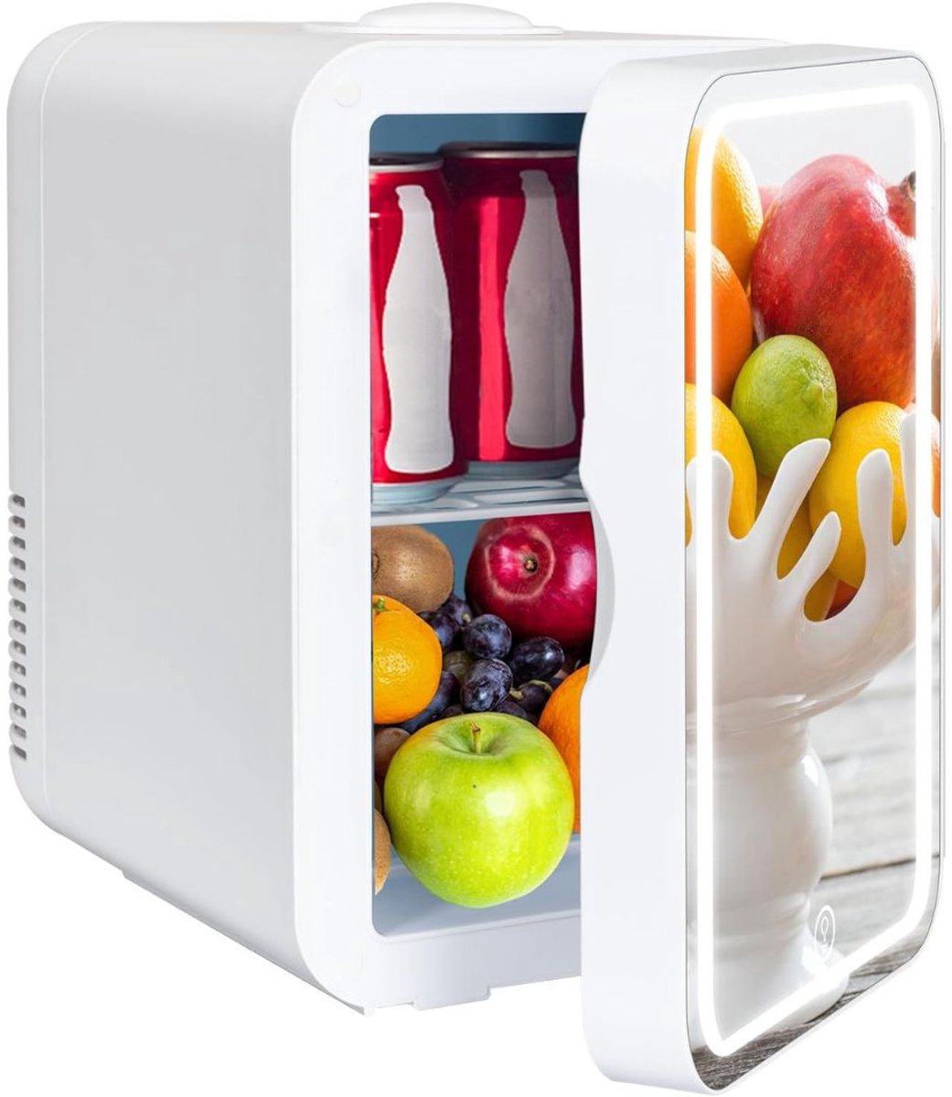 Nexvo® Skincare Fridge - Mini Koelkast 8 Liter – Met Spiegel en Verlichting - Mini Fridge - Wit - ‎20cm x 26cm x 30cm