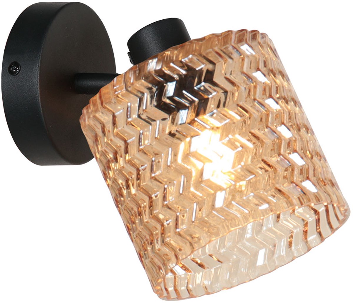 Mexlite - wandlamp - Ocre - amberkleurig zwart - glas metaal - bedlampje - E14 - 4223ZW