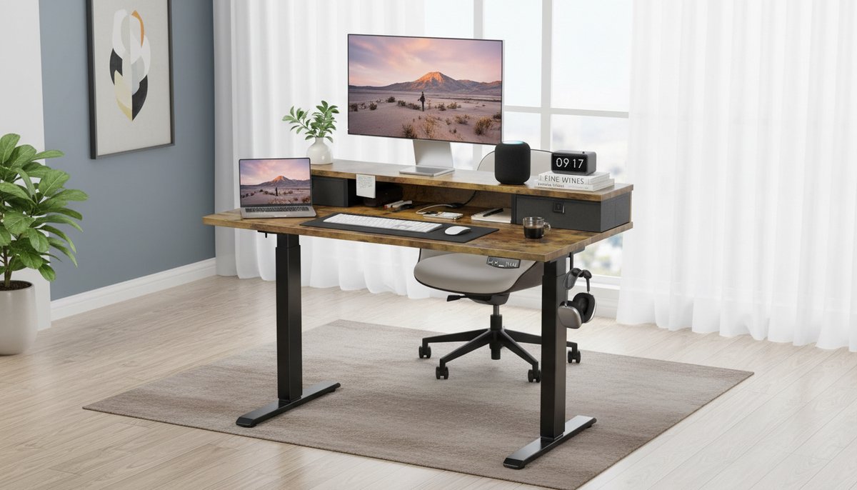 Electric tafel Casa Velluto FlexiStand 100x60 cm – Hoogteverstelbaar Zit-Sta Bureau met 2 Laden, Ergonomisch Staand Bureau, Stabiel Industrieel Design, Bruin, Elektrisch Bureau voor Thuiswerk en Kantoor