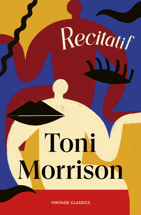 Couverture de livre avec des figures abstraites, des lèvres et le texte 'Recitatif Toni Morrison Vintage Classics'. Couleurs rouge, jaune, bleu et noir.