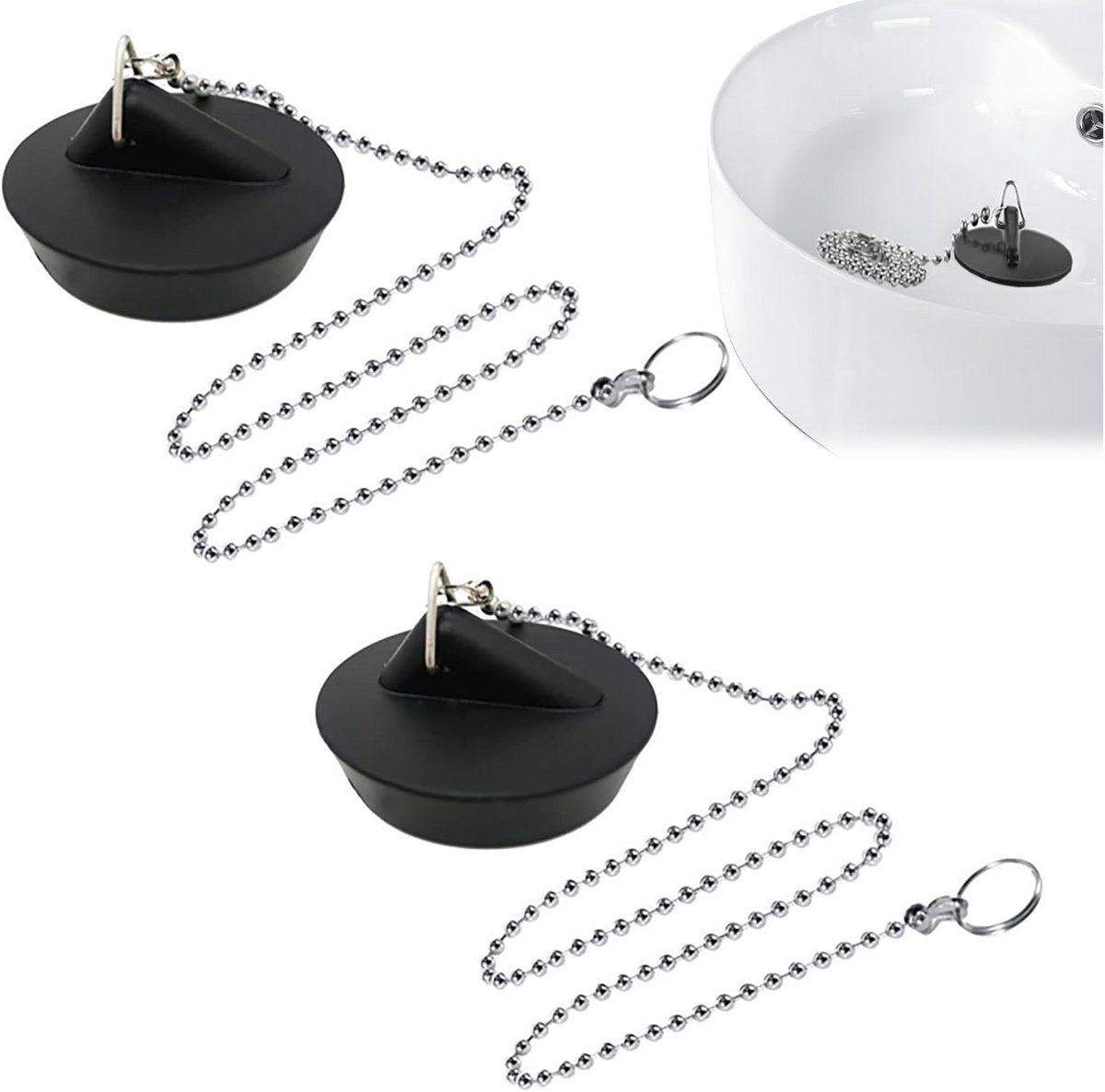 Rubberen Wastafel Stopper Set - Badstopper met Ketting voor Keuken en Badkamer (2 Stuks)