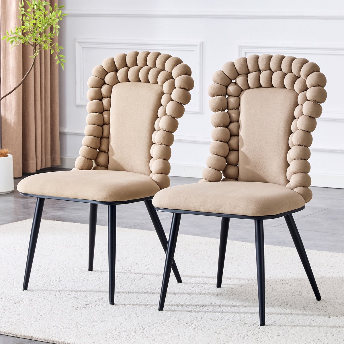 HAUSS SPOLE Eetkamerstoel – Luxe Bobbelketting Rugleuning – Set Van 2 – Comfortabel Gevuld – Voor Eetkamer En Woonkamer – Metaal En Fluweel Camel