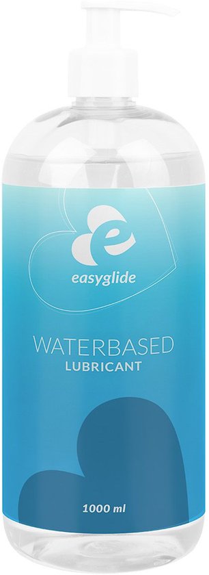 Bouteille transparente avec distributeur à pompe blanc. Dégradé bleu clair avec logo et texte 'easyglide WATERBASED LUBRICANT 1000 ml'.