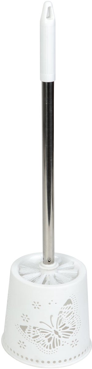 Toiletborstel met Houder – Wit met Zilveren Handvat – Vlinder - Ø13 x 49 cm – WC Borstel Set – Kunststof & Metaal [BW3033]