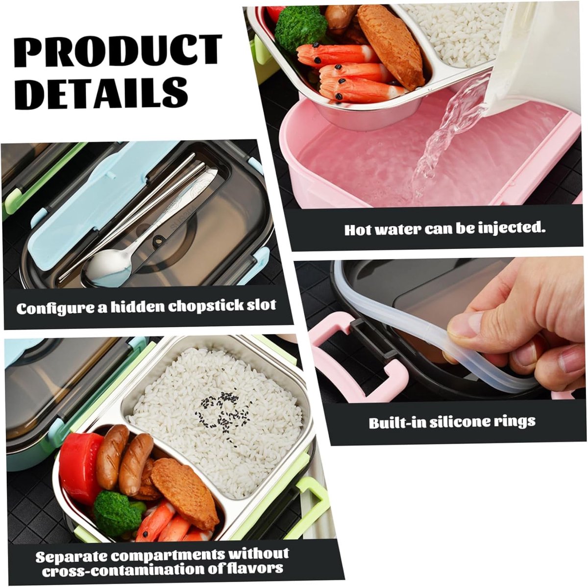 1 liter thermische lunchbox met 3 aparte vakken van roestvast staal – Lekvrije geïsoleerde voedselcontainer inclusief bestek en bestekhouder, draagbaar voor kinderen en volwassenen — cadeau in Koken & Dineren - foto 3