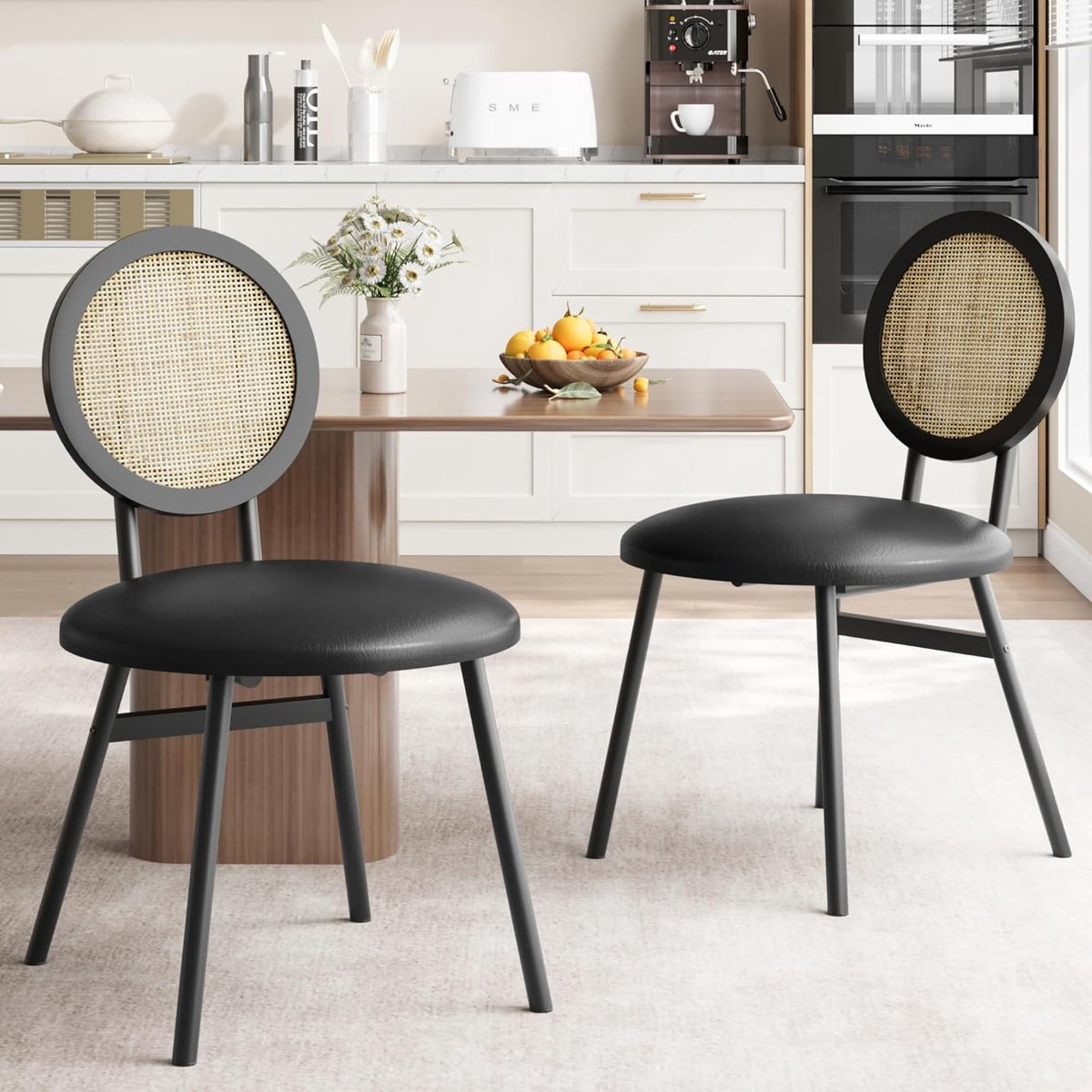 Eetkamermeubilair - Eetkamerstoelen - Set van 2 - Keukenstoelen met dikke bekleding - Moderne zwarte eetkamerstoelen Set van 2 - Ruimtebesparende eetkamerstoelen met metalen poten voor de woonkamer, natuurlijk rotan