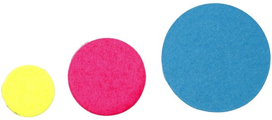 Drie gekleurde cirkels: klein geel, middelroze en groot blauw.