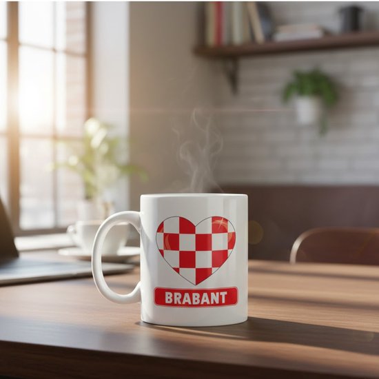 Witte mok met een hartvormige Brabantse vlagprint en "BRABANT" erop, dampend op een houten tafel.